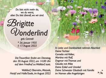 Traueranzeige von Brigitte Vonderlind von Südthüringer Presse