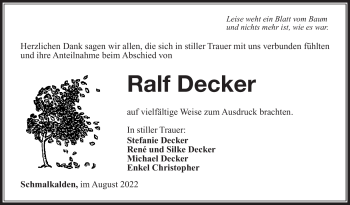 Traueranzeige von Ralf Decker von Südthüringer Presse