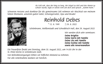 Traueranzeige von Reinhold Debes von Frankenpost