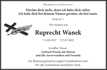 Traueranzeige von Ruprecht Wanek von Frankenpost