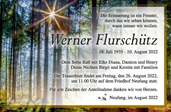 Traueranzeige von Werner Flurschütz von Südthüringer Presse