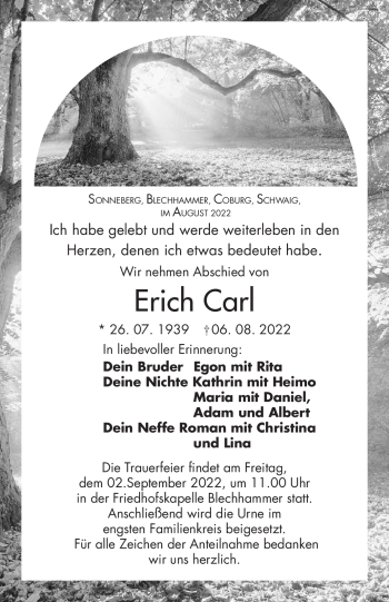 Traueranzeige von Erich Carl von Südthüringer Presse