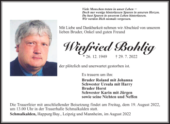 Traueranzeige von Winfried Bohlig von Südthüringer Presse