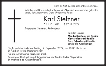 Traueranzeige von Karl Stelzner von Frankenpost