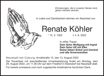 Traueranzeige von Renate Köhler von Neue Presse Coburg