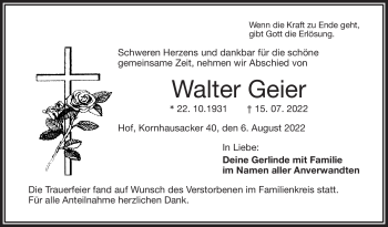 Traueranzeige von Walter Geier von Frankenpost