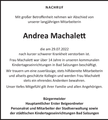 Traueranzeige von Andrea Machalett von Südthüringer Presse
