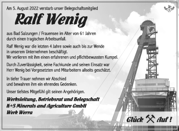 Traueranzeige von Ralf Wenig von Südthüringer Presse