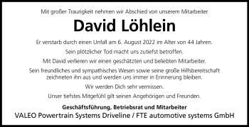Traueranzeige von David Löhle von Neue Presse Coburg