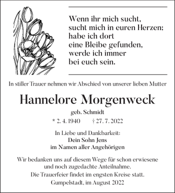 Traueranzeige von Hannelore Morgenweck von Südthüringer Presse