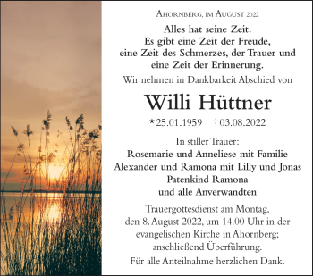 Traueranzeige von Willi Hüttner von Frankenpost