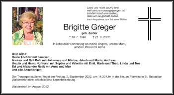 Traueranzeige von Brigitte Greger von Frankenpost