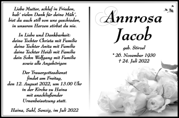 Traueranzeige von Annrosa Jacob von Südthüringer Presse