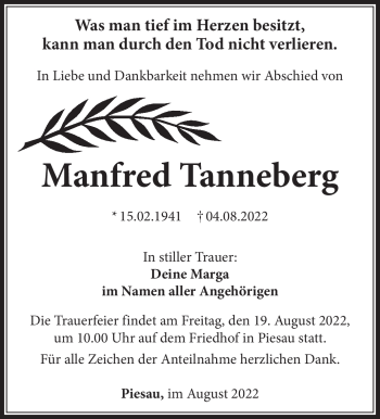 Traueranzeige von Manfred Tanneberg von Südthüringer Presse