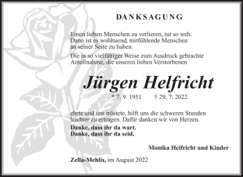 Traueranzeige von Jürgen Helfricht von Südthüringer Presse