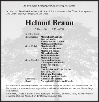 Traueranzeige von Helmut Braun von Südthüringer Presse