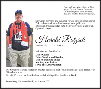 Traueranzeige von Harlad Rötzsch von Südthüringer Presse