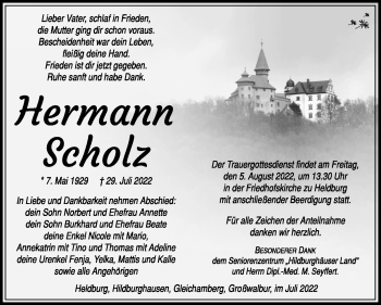 Traueranzeige von Hermann Scholz von Südthüringer Presse