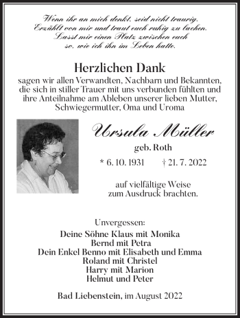 Traueranzeige von Ursula Müller von Südthüringer Presse