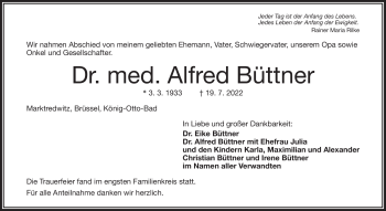 Traueranzeige von Alfred Büttner von Frankenpost