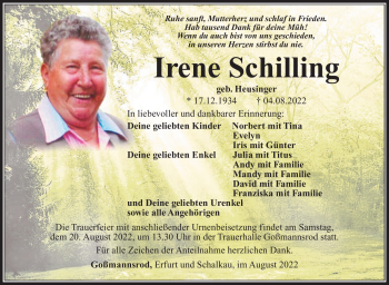 Traueranzeige von Irene Schilling von Südthüringer Presse