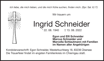 Traueranzeige von Ingrid Schneider von Neue Presse Coburg