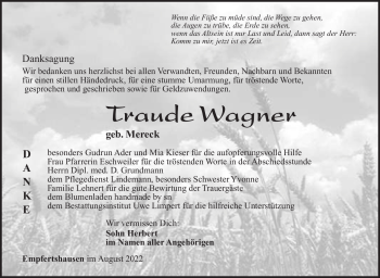 Traueranzeige von Traude Wagner von Südthüringer Presse