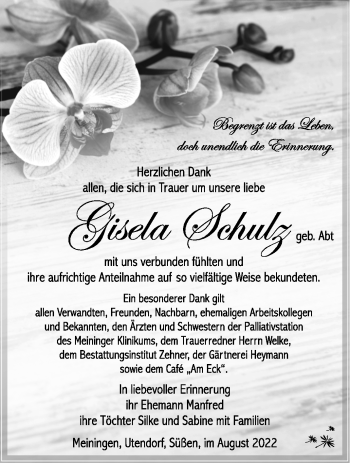 Traueranzeige von Gisela Schulz von Südthüringer Presse