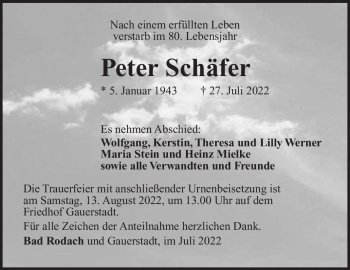 Traueranzeige von Peter Schäfer von Südthüringer Presse