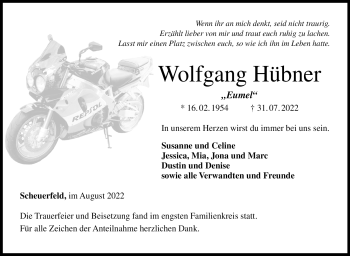 Traueranzeige von Wolfgang Hübner von Neue Presse Coburg