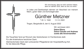 Traueranzeige von Günther Metzner von Frankenpost
