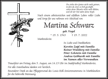 Traueranzeige von Martina Schwarz von Frankenpost