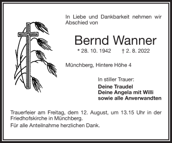 Traueranzeige von Bernd Wanner von Frankenpost