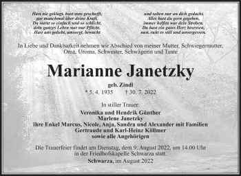 Traueranzeige von Marianne Janetzky von Südthüringer Presse