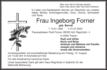 Traueranzeige von Ingeborg Forner von Frankenpost