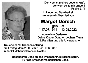 Traueranzeige von Margot Dörsch von Frankenpost