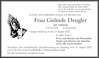 Traueranzeige von Gislinde Dengler von Frankenpost