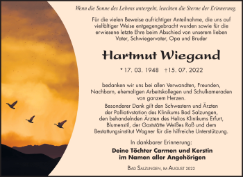 Traueranzeige von Hartmut Wiegand von Südthüringer Presse