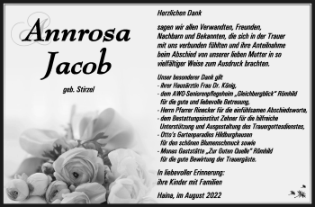 Traueranzeige von Annrosa Jacob von Südthüringer Presse
