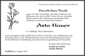 Traueranzeige von Asta Hauser von Südthüringer Presse