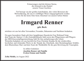 Traueranzeige von Irmgard Renner von Südthüringer Presse