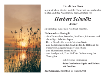 Traueranzeige von Herbert Schmölz von Südthüringer Presse