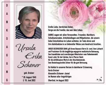 Traueranzeige von Ursula Schoner von Südthüringer Presse