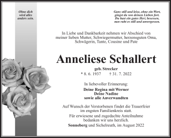 Traueranzeige von Anneliese Schaller von Südthüringer Presse