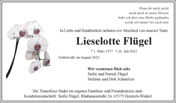 Traueranzeige von Lieselotte Flügel von Frankenpost