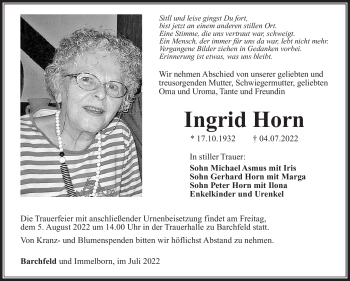 Traueranzeige von Ingrid Horn von Südthüringer Presse