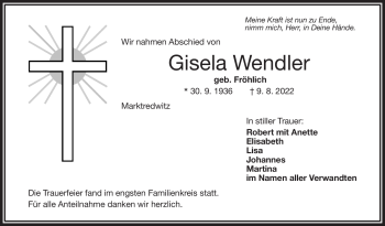 Traueranzeige von Gisela Wendler von Frankenpost