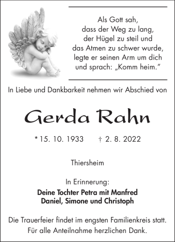 Traueranzeige von Gerda Rahn von Frankenpost