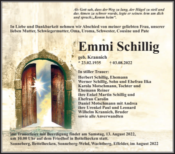 Traueranzeige von Emmi Schillig von Südthüringer Presse