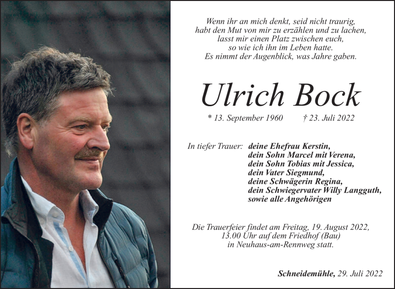  Traueranzeige für Ulrich Bock vom 06.08.2022 aus Südthüringer Presse